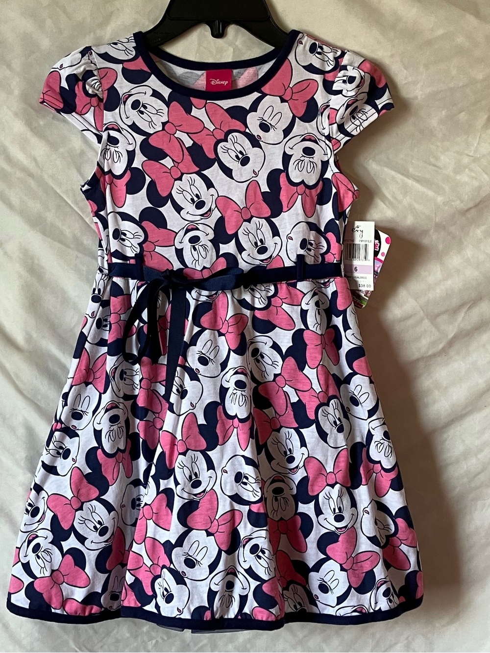 Girls' Minnie Mouse Pink & White Cotton Dress with Belt size 6.